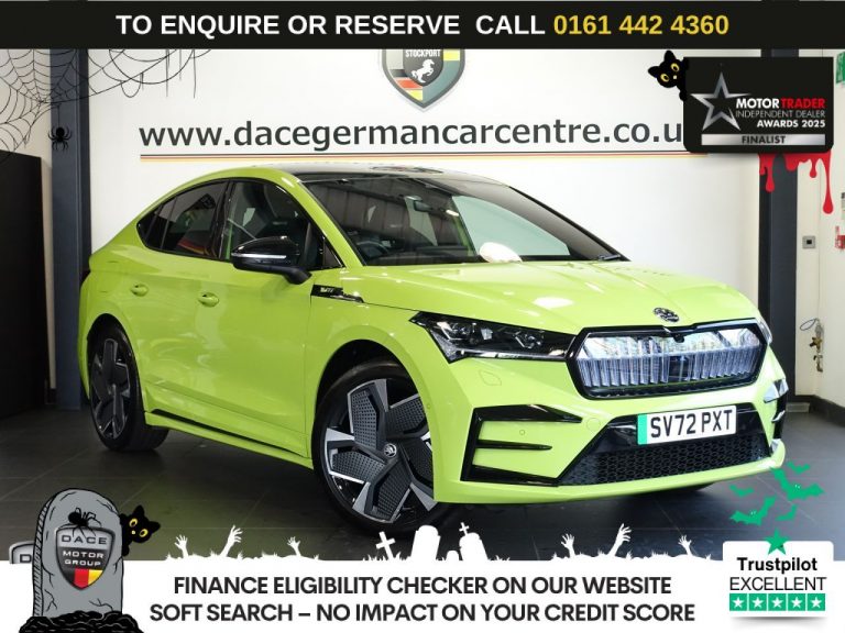 Used 2022 GREEN SKODA ENYAQ SUV 82kWh vRS Coupe 5dr Electric Auto 4WD (DC135kW) (299 ps) ELECTRIC (reg. 2022-12-07) (Automatic) for sale in Stockport