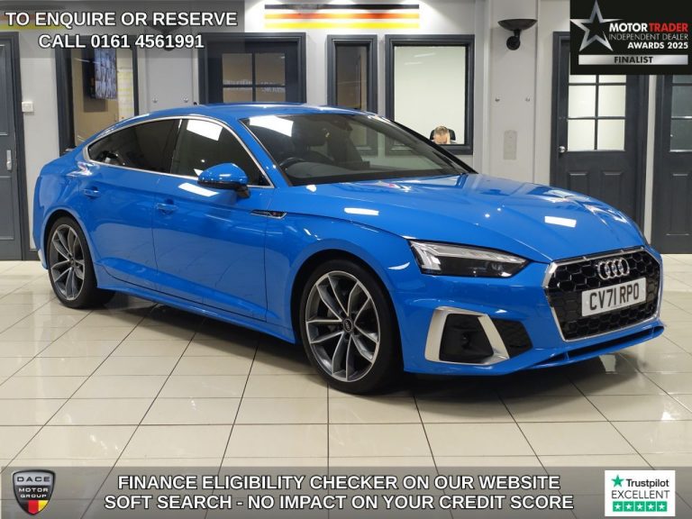 Used 2021 BLUE AUDI A5 Hatchback 2.0 TFSI 40 S line Sportback 5dr Petrol S Tronic Euro 6 (s/s) (204 ps) PETROL (reg. 2021-11-26) (Automatic) for sale in Stockport