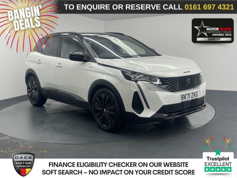 Used 2021 WHITE PEUGEOT 3008 SUV 1.6 13.2kWh GT SUV 5dr Petrol Plug-in Hybrid e-EAT Euro 6 (s/s) (225 ps) PETROL PLUG-IN HYBRID (reg. 2021-09-14) (Automatic) for sale in Stockport