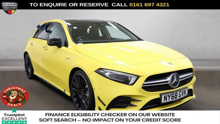 Used 2019 YELLOW MERCEDES-BENZ A-CLASS Hatchback 2.0 A35 AMG (Premium Plus) Hatchback 5dr Petrol SpdS DCT 4MATIC Euro 6 (s/s) (306 ps) PETROL (reg. 2019-02-06) (Automatic) for sale in Stockport