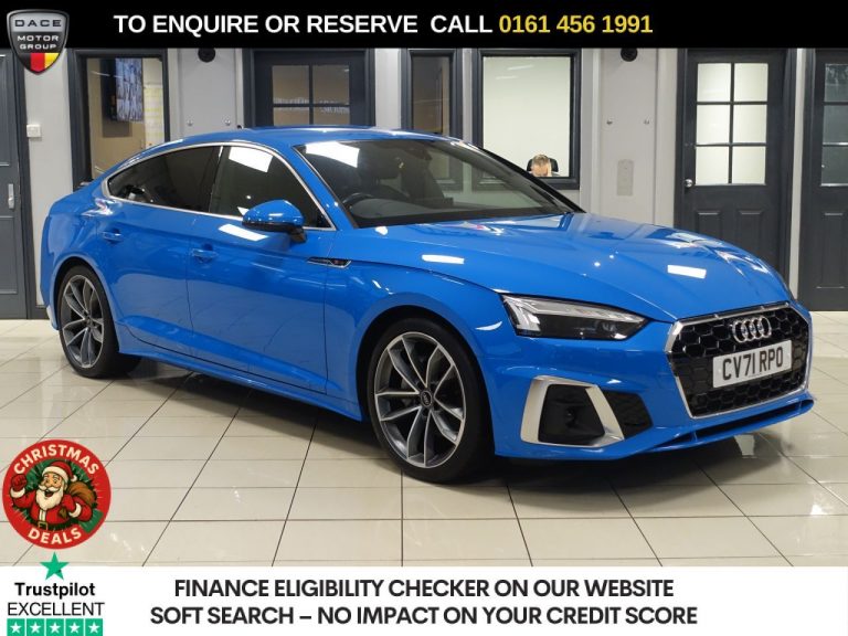 Used 2021 BLUE AUDI A5 Hatchback 2.0 TFSI 40 S line Sportback 5dr Petrol S Tronic Euro 6 (s/s) (204 ps) PETROL (reg. 2021-11-26) (Automatic) for sale in Stockport