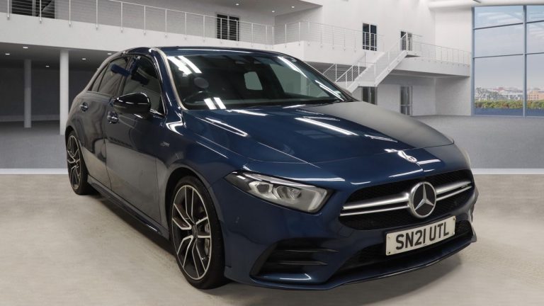 Used 2021 BLUE MERCEDES-BENZ A-CLASS Hatchback 2.0 A35 AMG (Premium) Hatchback 5dr Petrol 7G-DCT 4MATIC Euro 6 (s/s) (306 ps) PETROL (reg. 2021-03-02) (Automatic) for sale in Stockport