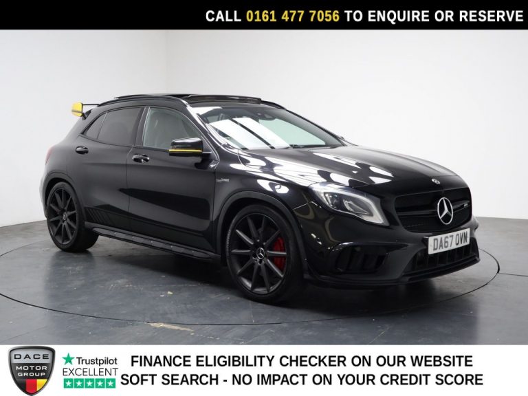 Used 2017 BLACK MERCEDES-BENZ GLA SUV 2.0 GLA45 AMG Yellow Night Edition SUV 5dr Petrol SpdS DCT 4MATIC Euro 6 (s/s) (381 ps) PETROL (reg. 2017-11-30) (Automatic) for sale in Stockport