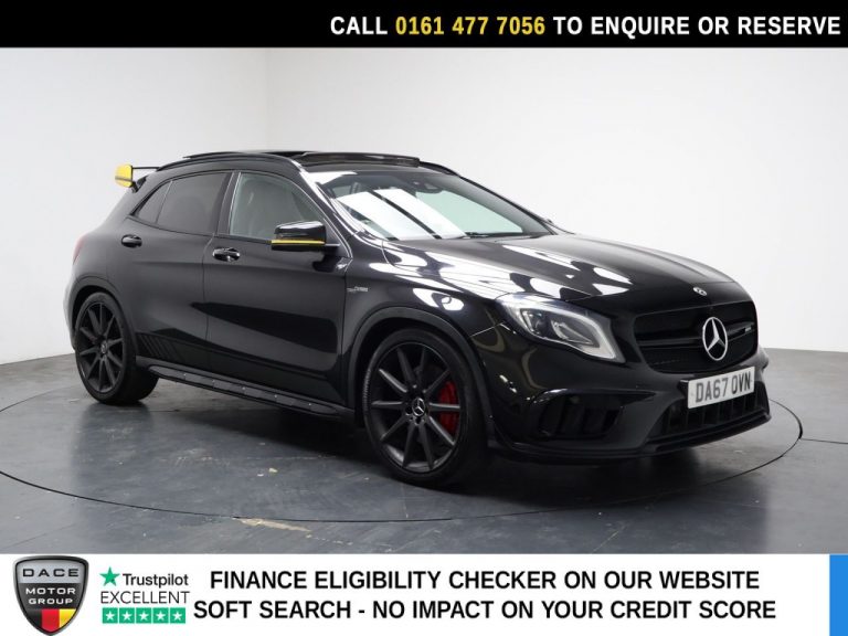 Used 2017 BLACK MERCEDES-BENZ GLA SUV 2.0 GLA45 AMG Yellow Night Edition SUV 5dr Petrol SpdS DCT 4MATIC Euro 6 (s/s) (381 ps) PETROL (reg. 2017-11-30) (Automatic) for sale in Stockport